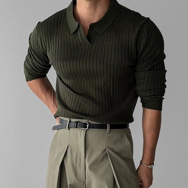 Ribbed Knit Polo Sweater