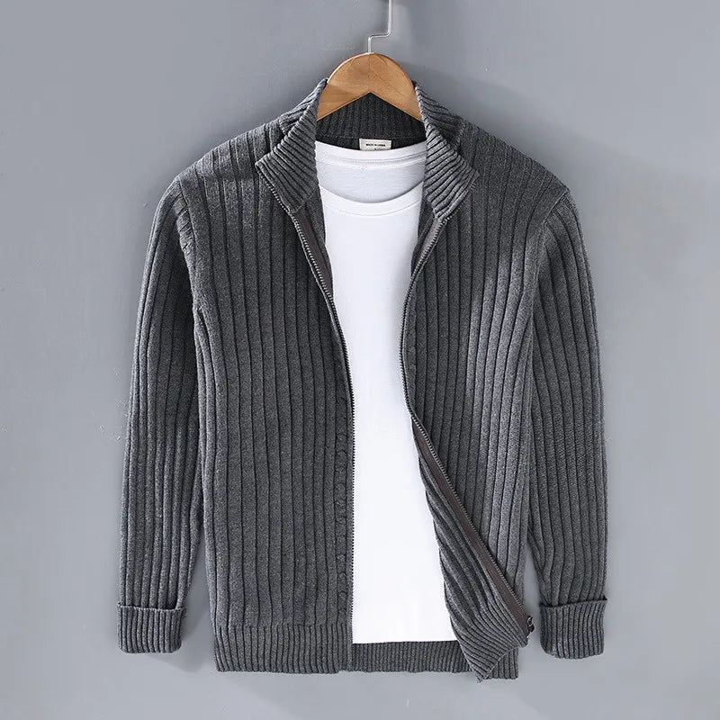 Ribbed Stand Collar Zip Cardigan