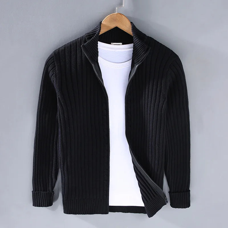Ribbed Stand Collar Zip Cardigan
