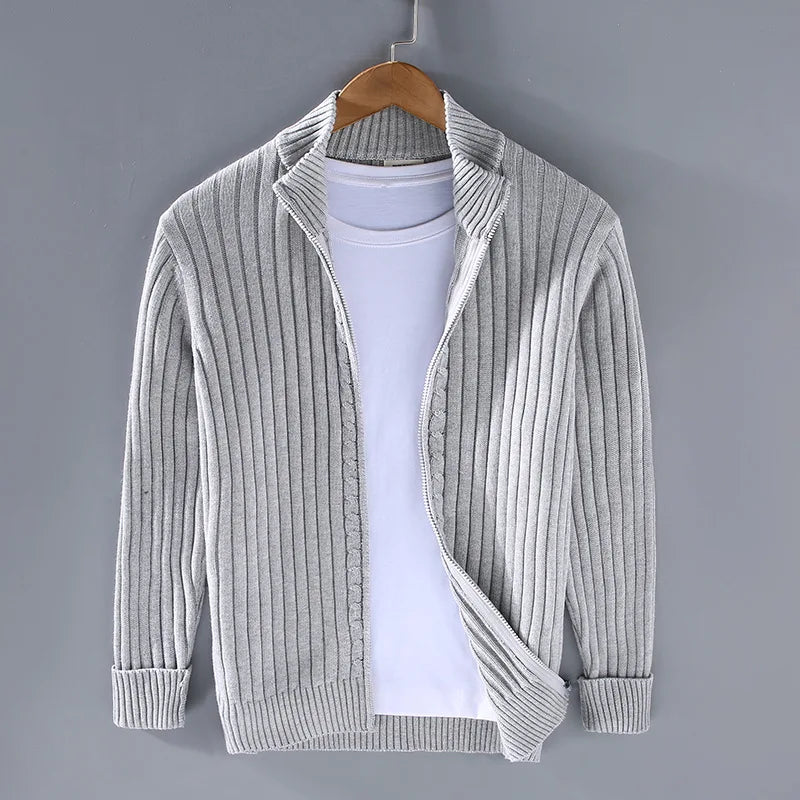 Ribbed Stand Collar Zip Cardigan
