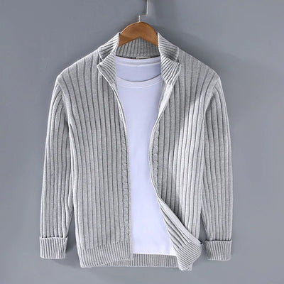 Ribbed Stand Collar Zip Cardigan