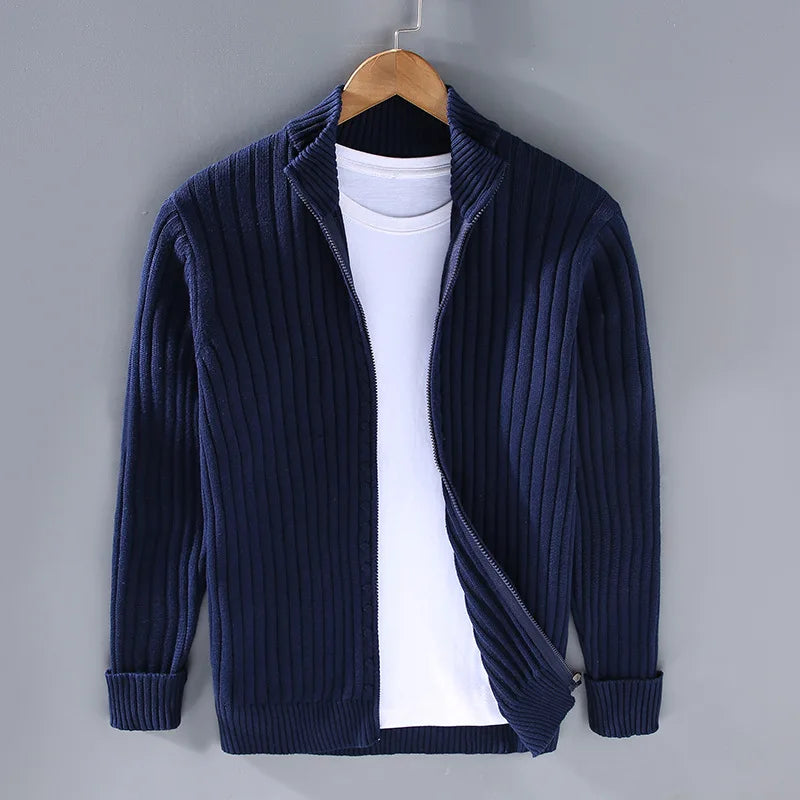Ribbed Stand Collar Zip Cardigan