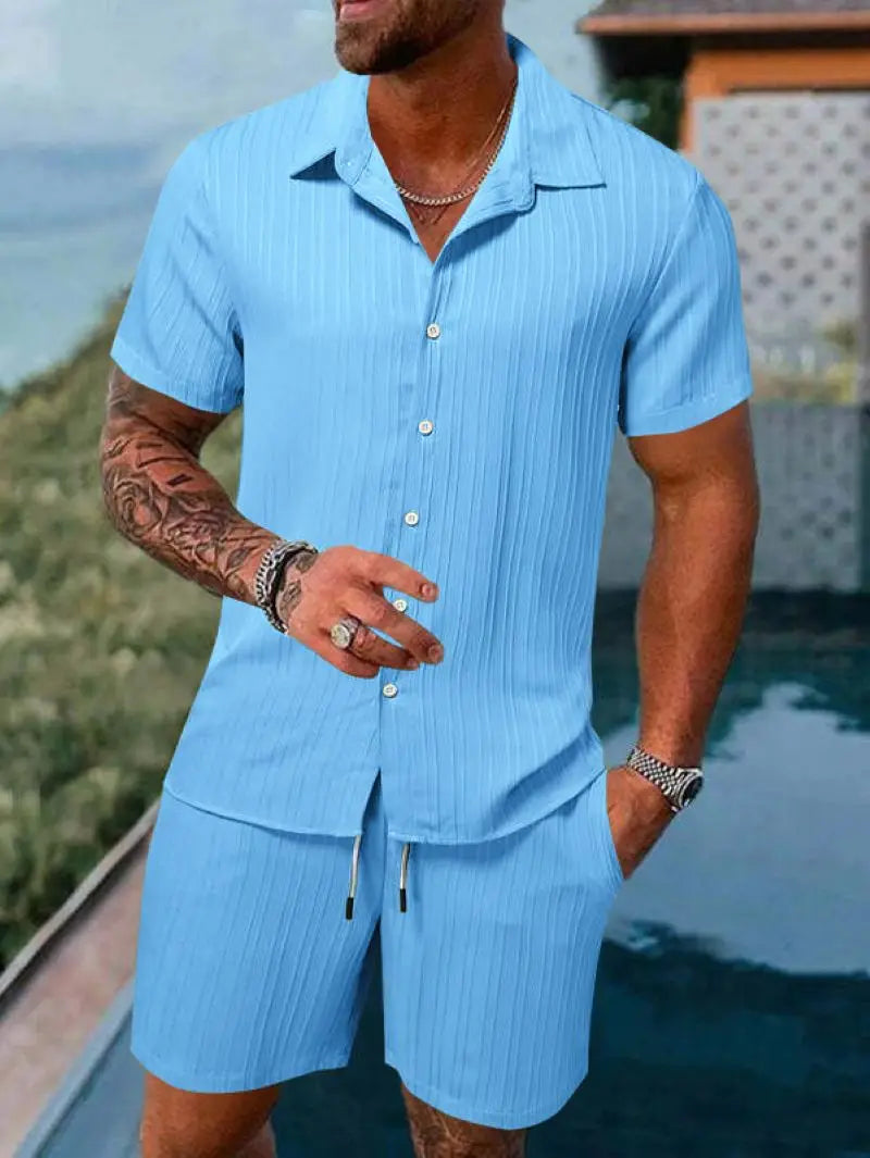 Button-Up Ribbed Shirt & Shorts Set