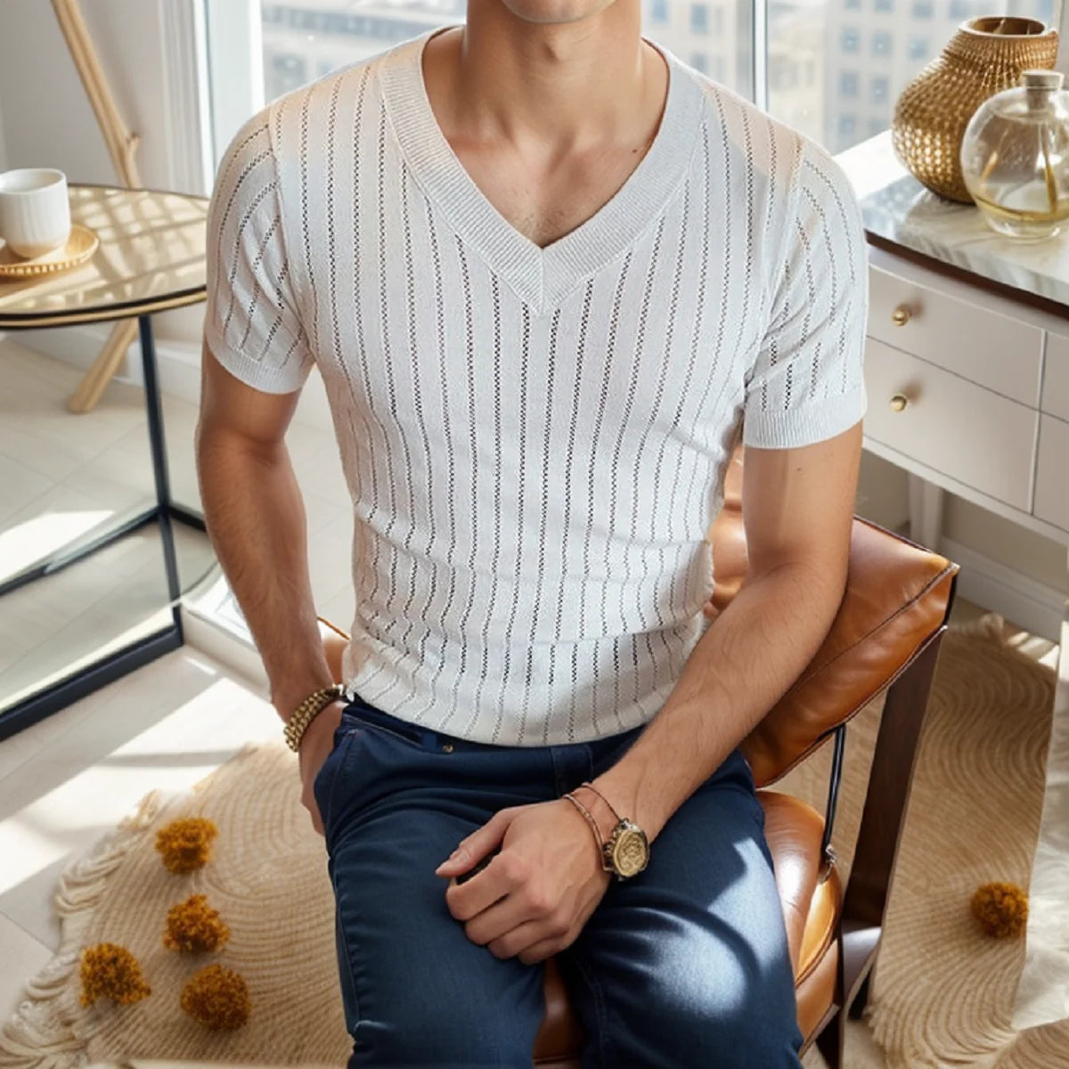 Vertical Knit V-Neck Tee