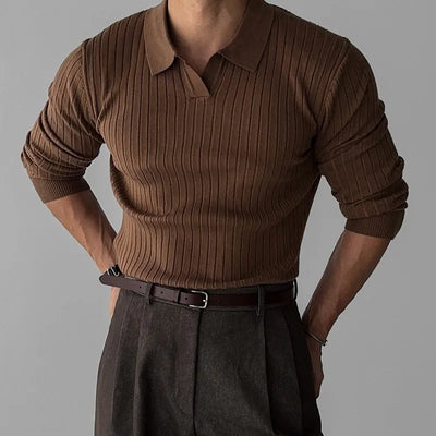 Ribbed Knit Polo Sweater