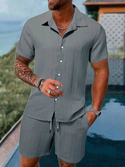 Button-Up Ribbed Shirt & Shorts Set