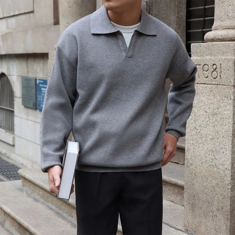 Textured Polo Collar Knit Sweater