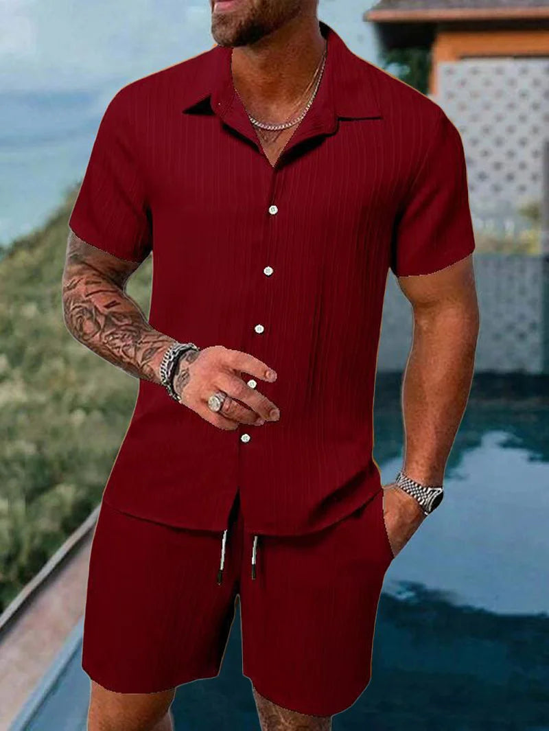 Button-Up Ribbed Shirt & Shorts Set