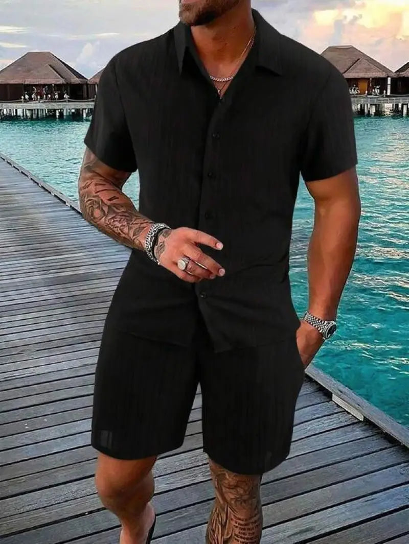 Button-Up Ribbed Shirt & Shorts Set