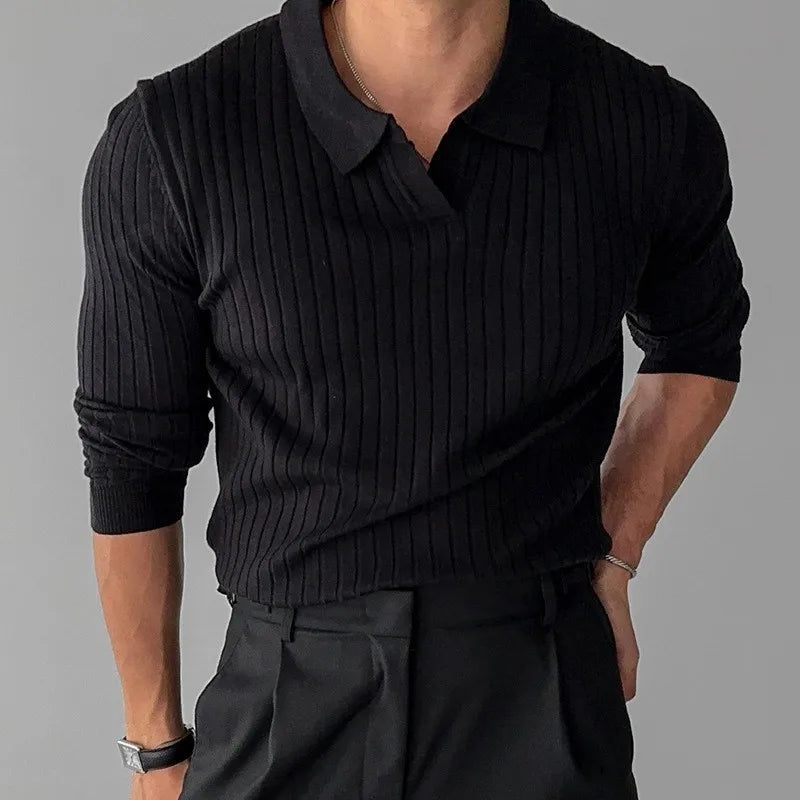 Ribbed Knit Polo Sweater