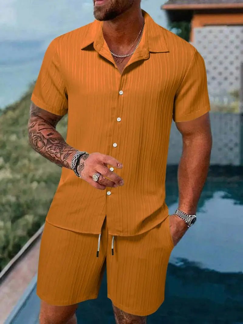 Button-Up Ribbed Shirt & Shorts Set