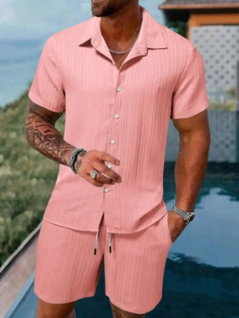 Button-Up Ribbed Shirt & Shorts Set